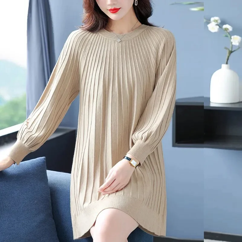 2026 Middle Aged Mother O-Neck Sweater Dress Spring Autumn Ladies Large Size 6XL Long Sweater Femme Fashion Loose Knit Top view 2