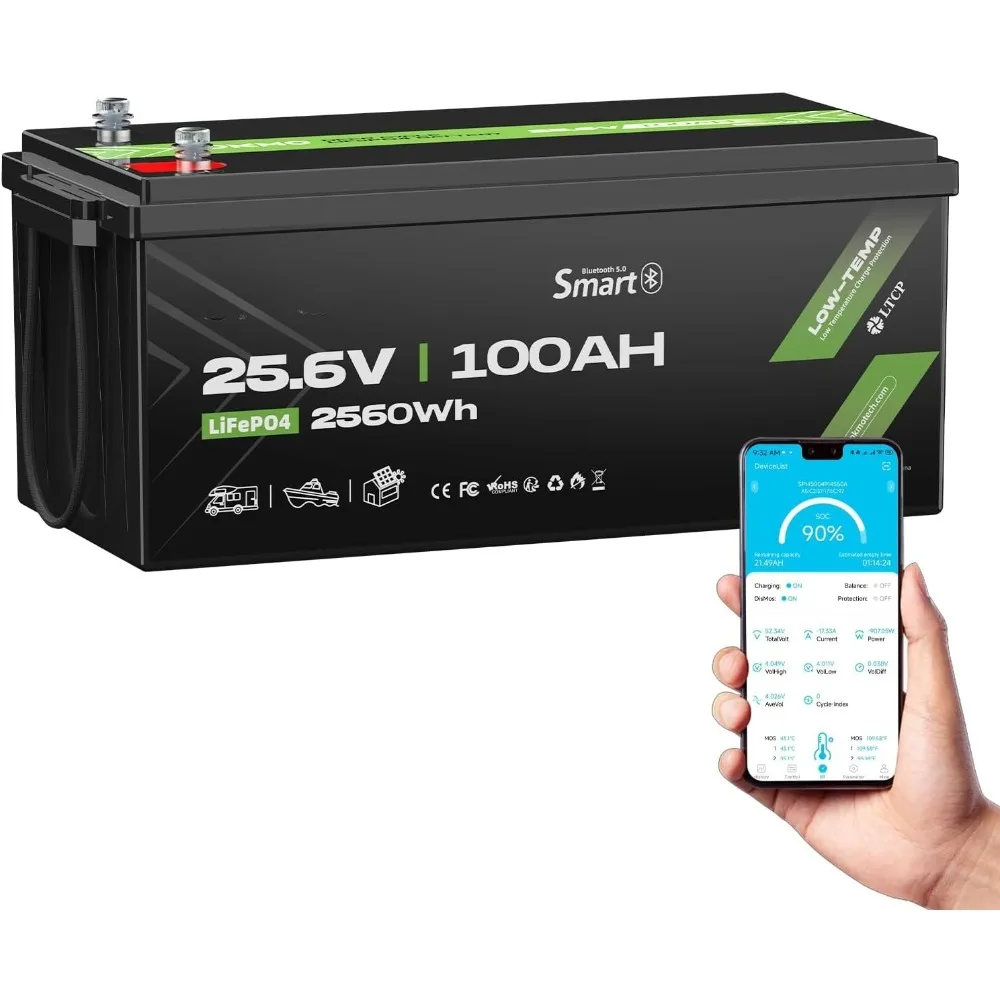 24V 100Ah LiFePO4 Lithium Battery with Bluetooth for Marine, Trolling Motor, RV,10 Years 15000+ Deep Cycles,25.6V Iron Phosphate