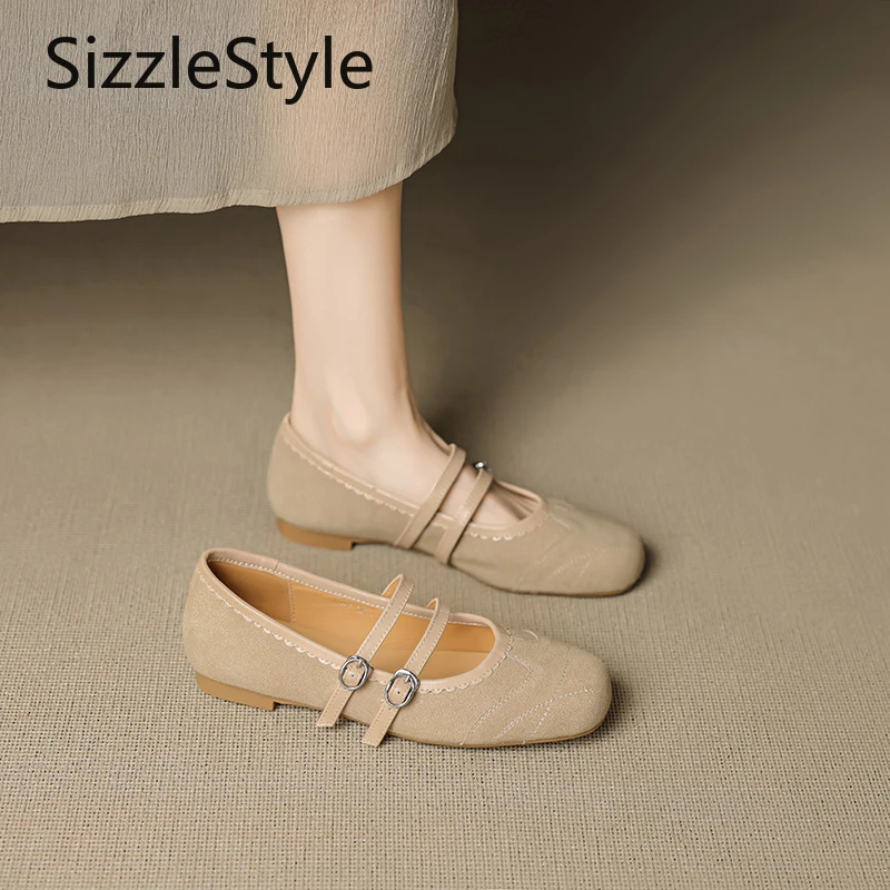 Suede Stitching Double Buckle Solid Color Low Heel Invisible Height Increase Comfortable Retro Square Head Mary Jane Shoes