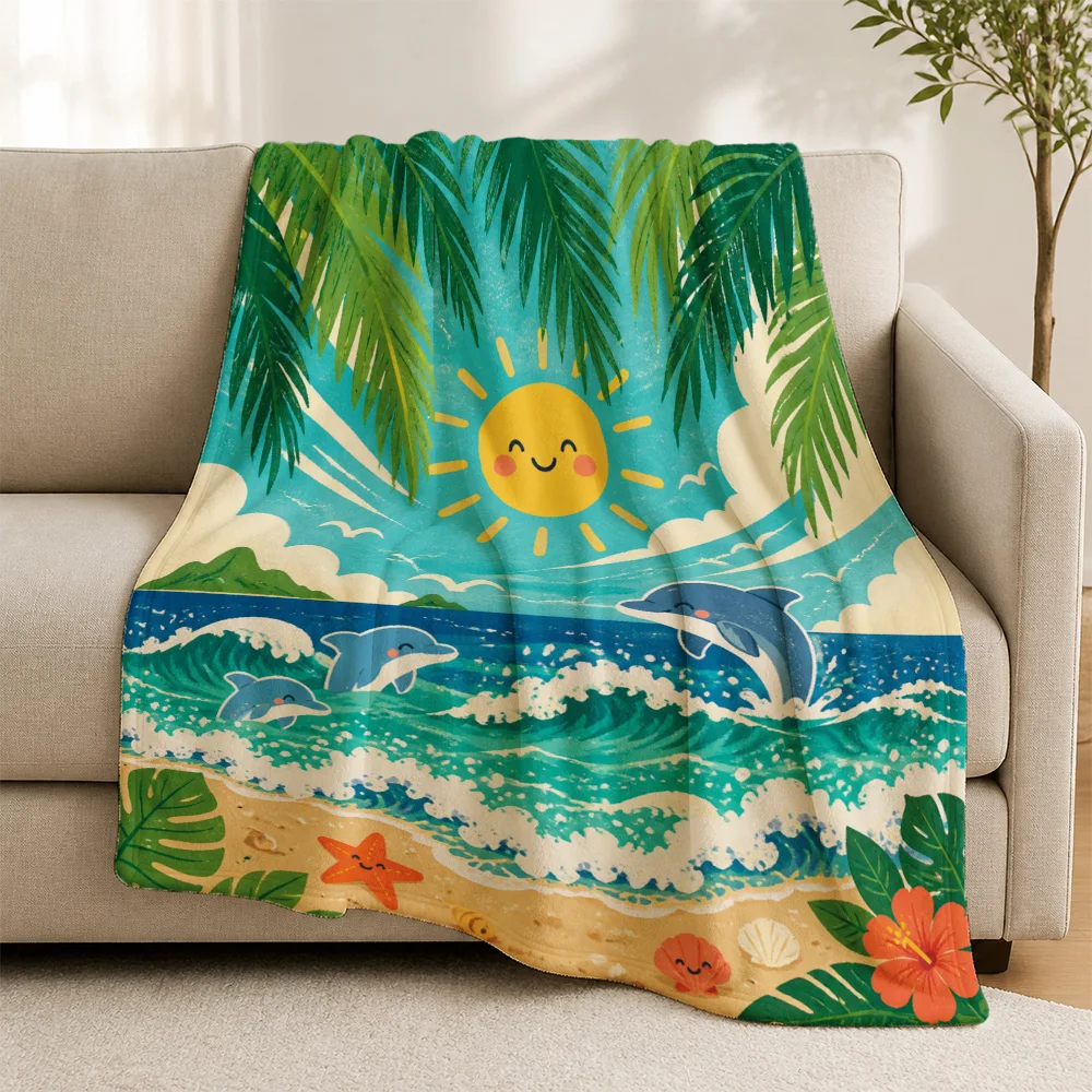 Vibrant Tropical Palm Leaf Sofa Throw Blanket Ocean Waves Dolphins Summer Beach Resort Vacation Coastal Home Decor Accent Gift f