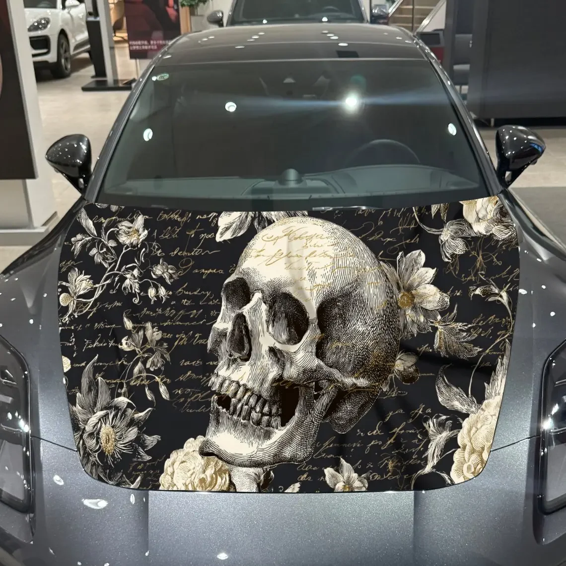 Car Decal Skull with Floral and Vintage Text Artistic Background & Mystic-Antique Gothic Style Car Hood Sticker, Waterproof Self