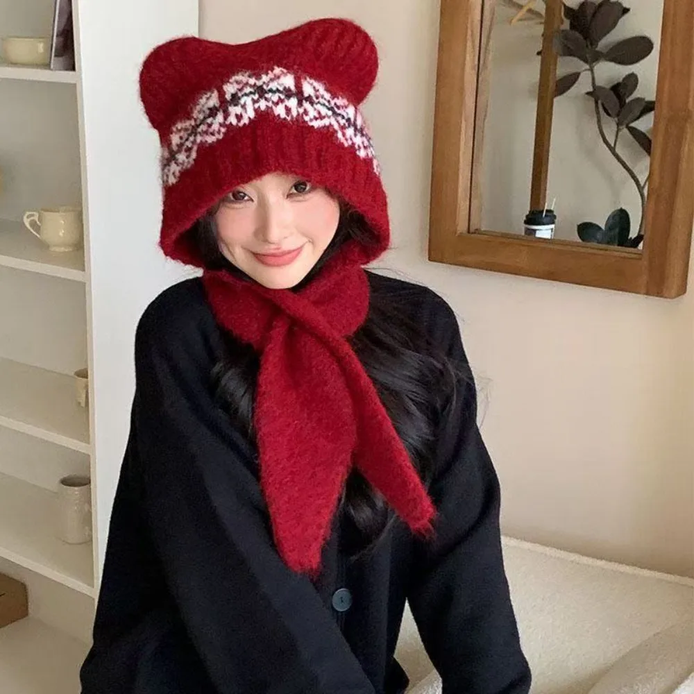 

Cat Ear Warm Knitted Hat Windproof Pullover Style Balaclava Hat Ear Protection Thickened Women's Knitted Scarf Hat