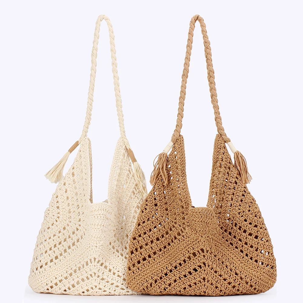 

Casual Handmade Crochet Tote Bag, Hollow Out Cotton Woven Shoulder Bag with Drawstring Liner, Perfect for Beach & Daily Commute