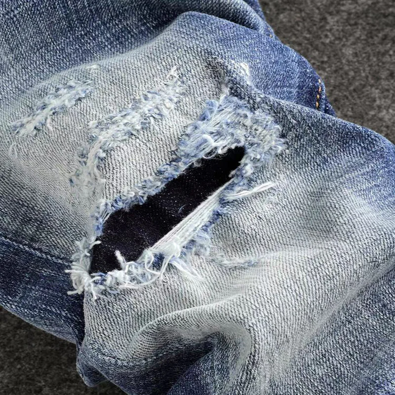 Street Fashion Men Jeans Retro Blue White Washed Stretch Skinny Fit Hole Ripped Jeans Men Patched Designer Brand Pants Hombre