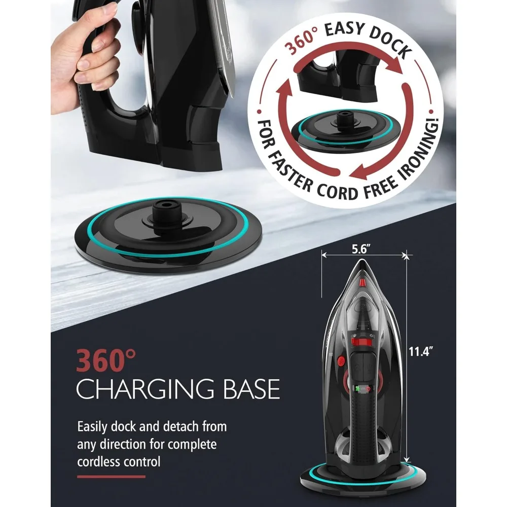 Cordless Iron, 1500W Cordless Iron with Steam - Cordless Iron for Clothes with 11.84oz Water Tank, Anti Drip Iron with Ceramic