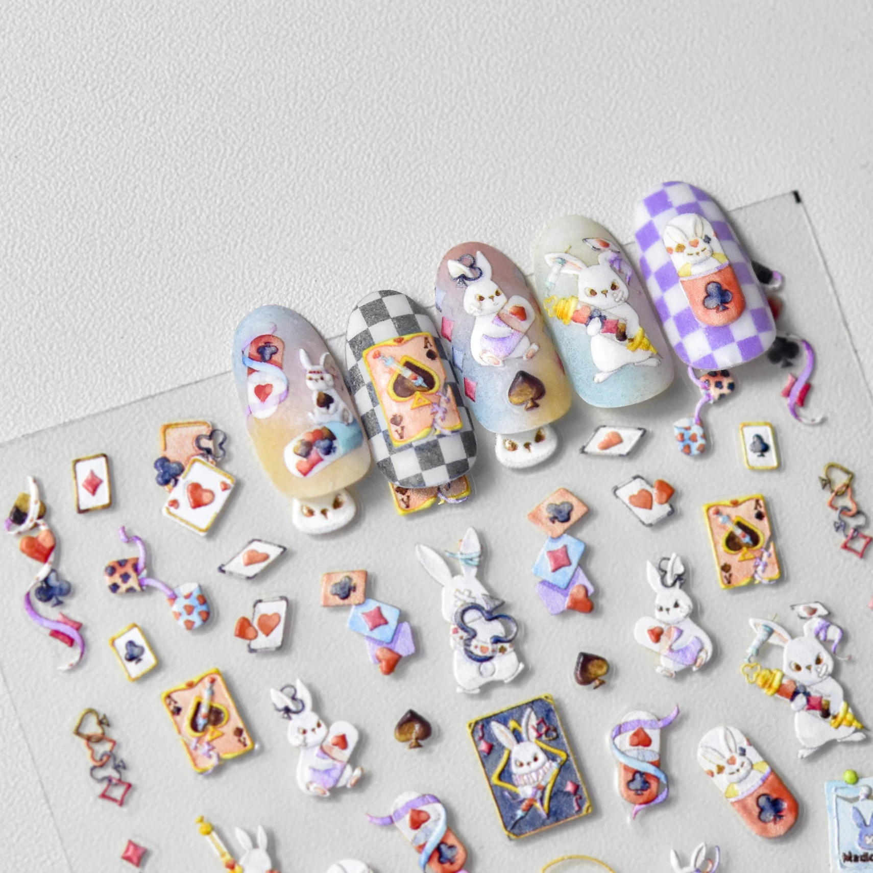 Cute Cartoon Rabbit Poker Capsules Love Heart 5D Soft Embossed Reliefs Self Adhesive Nail Art Stickers Lovely Manicure Decals