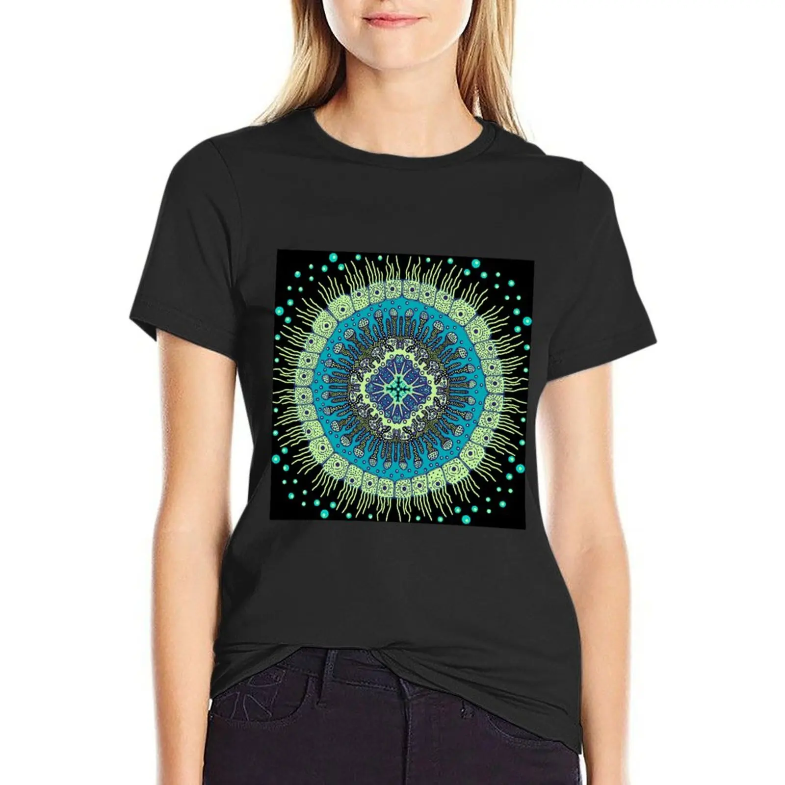 Cell biology mandala blue T-Shirt korean fashion plus size tops Aesthetic clothing cat shirts for Women