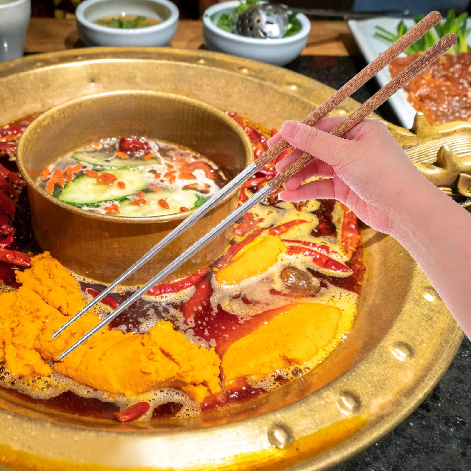 

1Pair Extra Long Cooking Chopsticks Wood Handle Stainless Steel Hot Pot Frying Noodle Food Picking Chopsticks Anti-Scald Kitchen