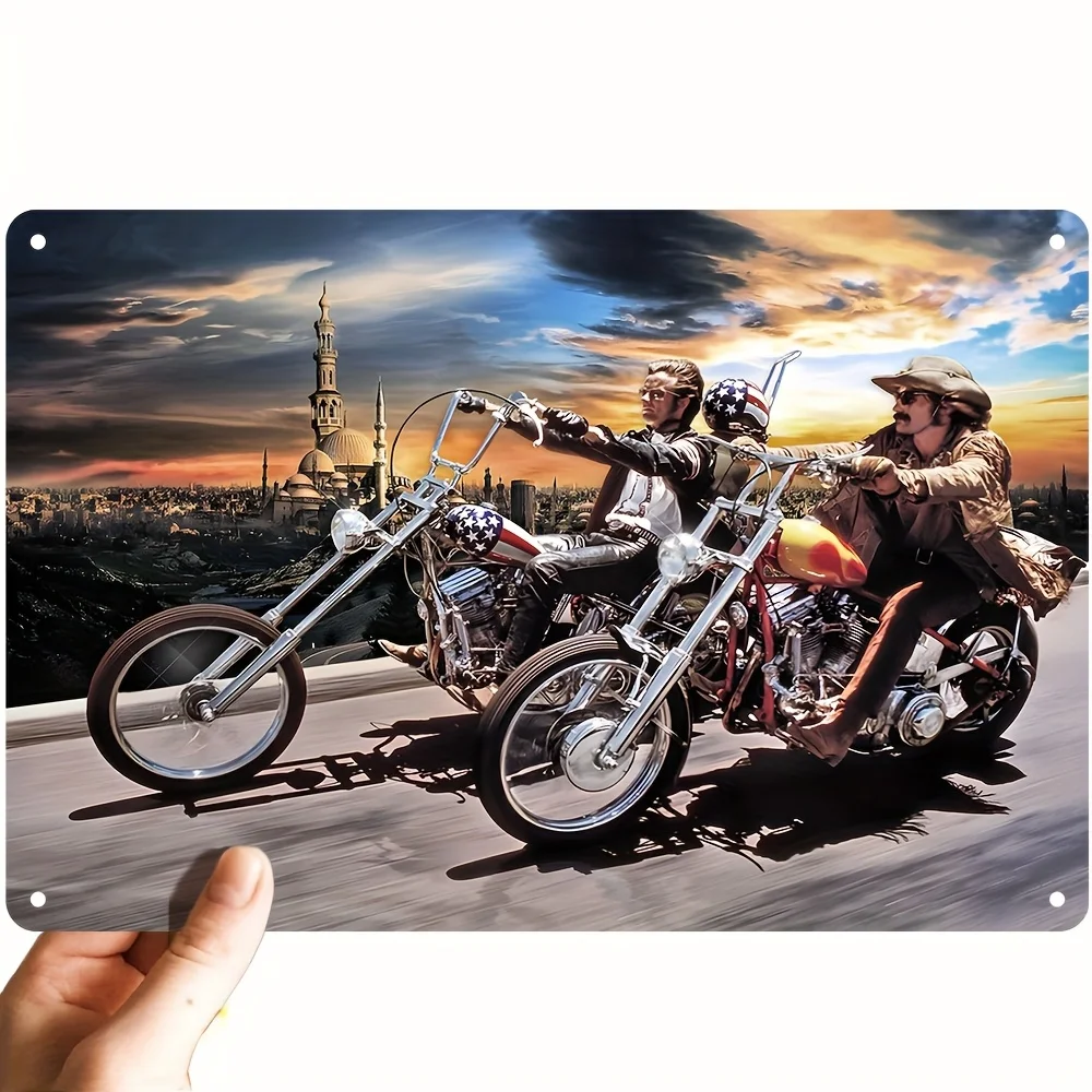 Vintage-Aluminium-Metallschild – Retro-Kunstposter mit klassischer Motorradszene, für Restaurants, Bars, Cafés – langlebige Blechwand
