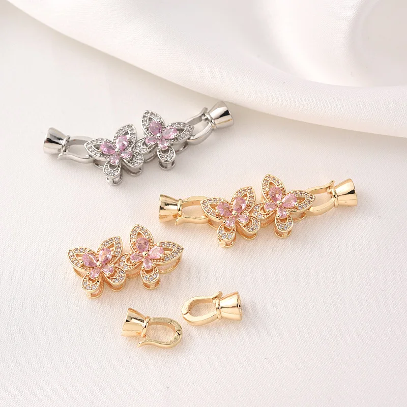 1 Piece Copper Inlaid Pink Zirconium Bow Buckle DIY Braided Bracelet Pearl Necklace Accessories Jewelry Production Materials