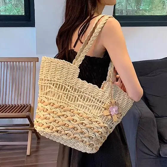 large-capacity-straw-woven-handbag-women's-beach-vacation-shoulder-tote-bag-handmade-basket-style-bucket-shape-pure-color