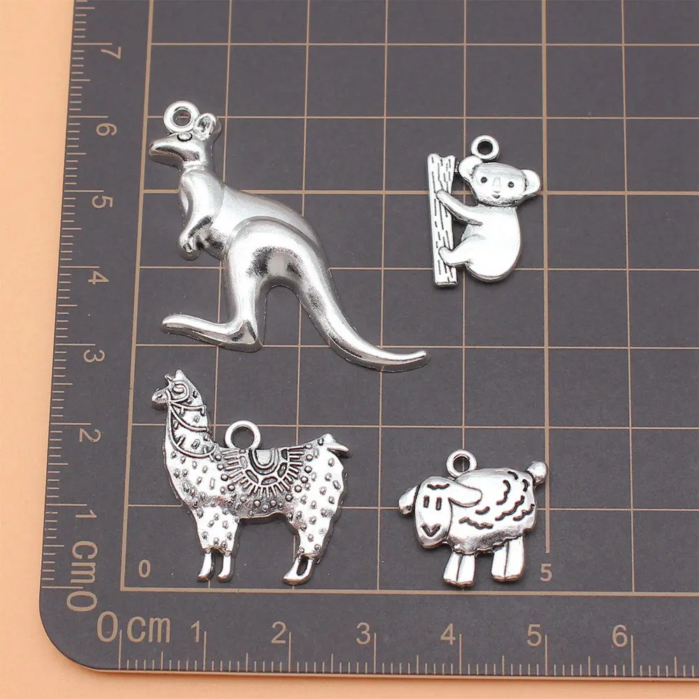 4pcs/lot Antique Silver Color Australian Animal Kangaroo Koala Alpaca Sheep Charms Collection For Jewelry Making Findings