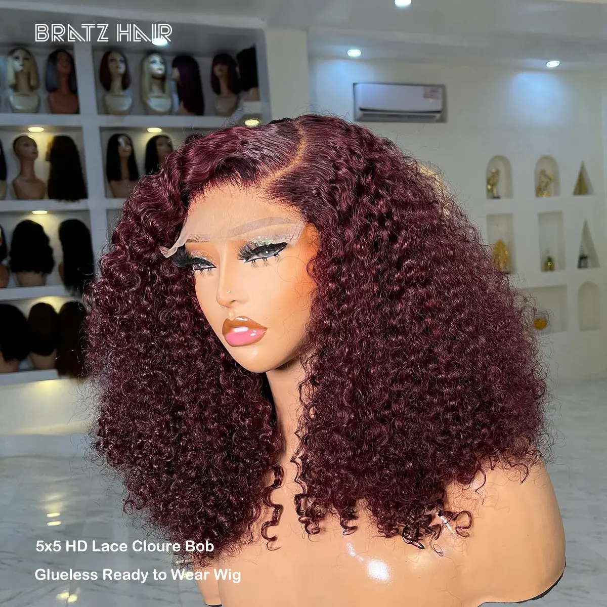 Glueless Wig Human Hair Ready to Waer 99j Burgundy Kinky Curly Bob Wig Preplucked Wine Color 4x4 5x5 HD Lace Bob Wig 400 Density