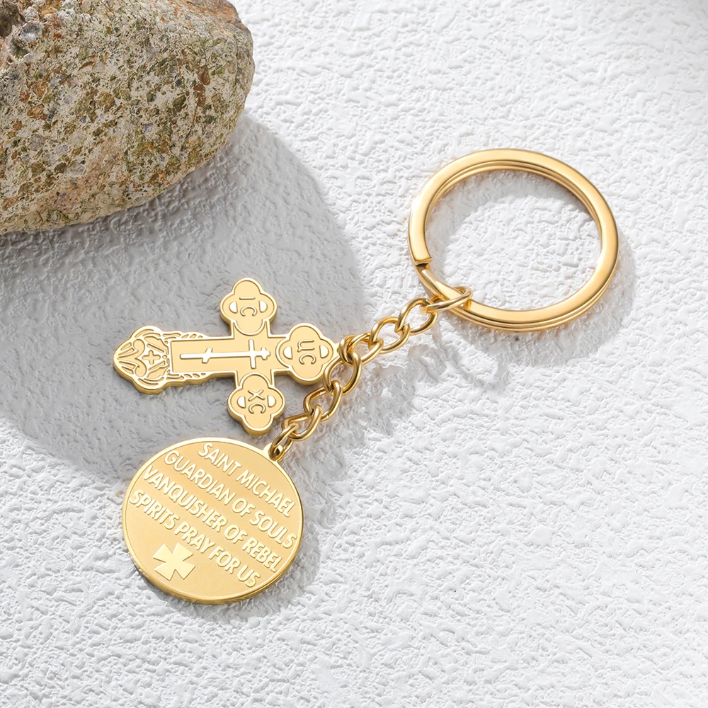 Dawapara Orthodoxes Kreuz und Heiliger Michael Anhänger Schlüsselanhänger Religiöses Gebet Erzengel Christlicher Talisman Edelstahl Schlüsselring – Detail 13