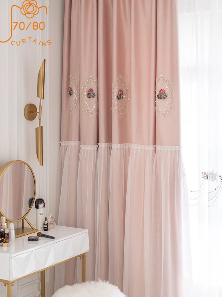 European Girl Princess Style Pink Lace Patched Curtains for Living Room Bedroom Balcony Decoration Customized Window Villa