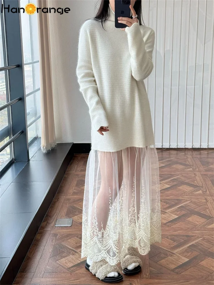 HanOrange 2025 Spring Vintage Lace Mesh Wool Knitted Dress Light Elegant Long Dress Black/Off White