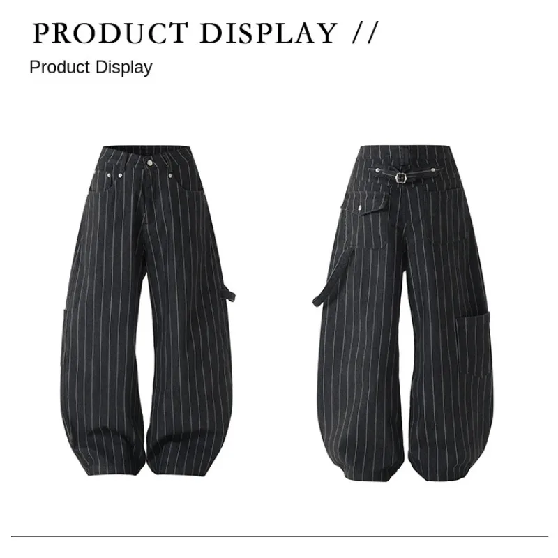 2026 Autumn Winter Unisex Striped Slight Curved Jeans American Retro Relaxed Premium Wide‑Leg Cargo Denim Pants