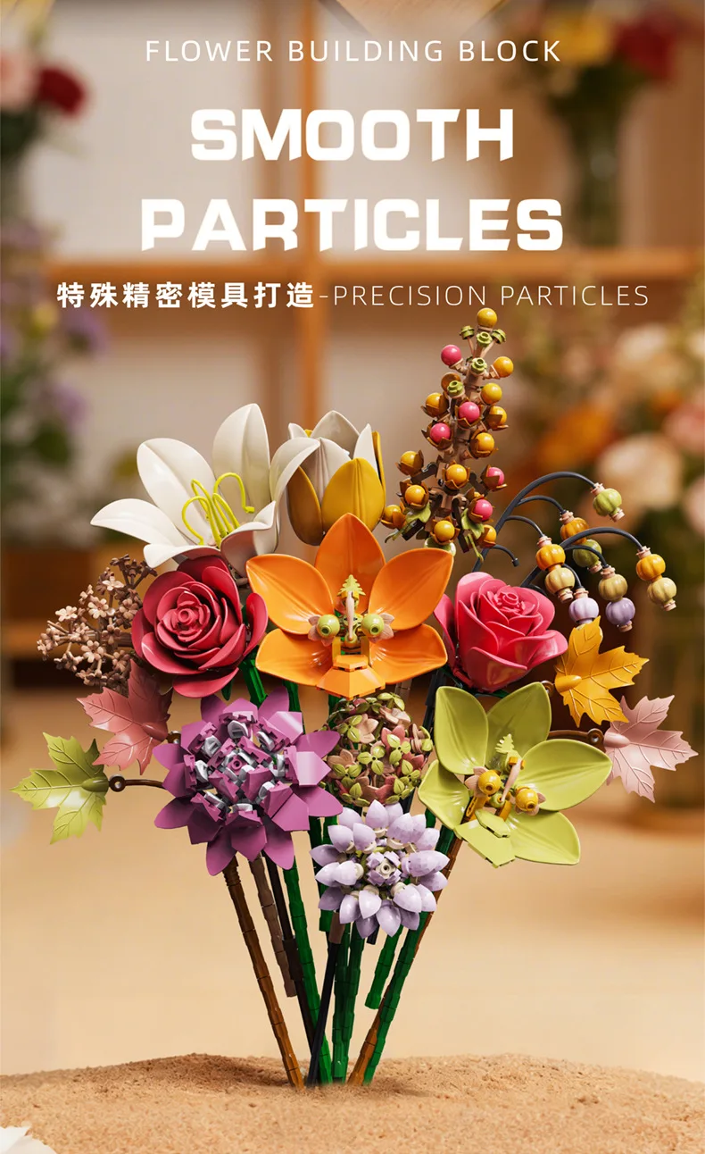 Blumen-Bausteine, Orchidee Cymbidium, Ewiger Blumenstrauß, Bausatz, botanisches Rosen- und Gänseblümchen-Modell, Mini-Bausteine, Spielzeug zur Heimdekoration – Detail 10