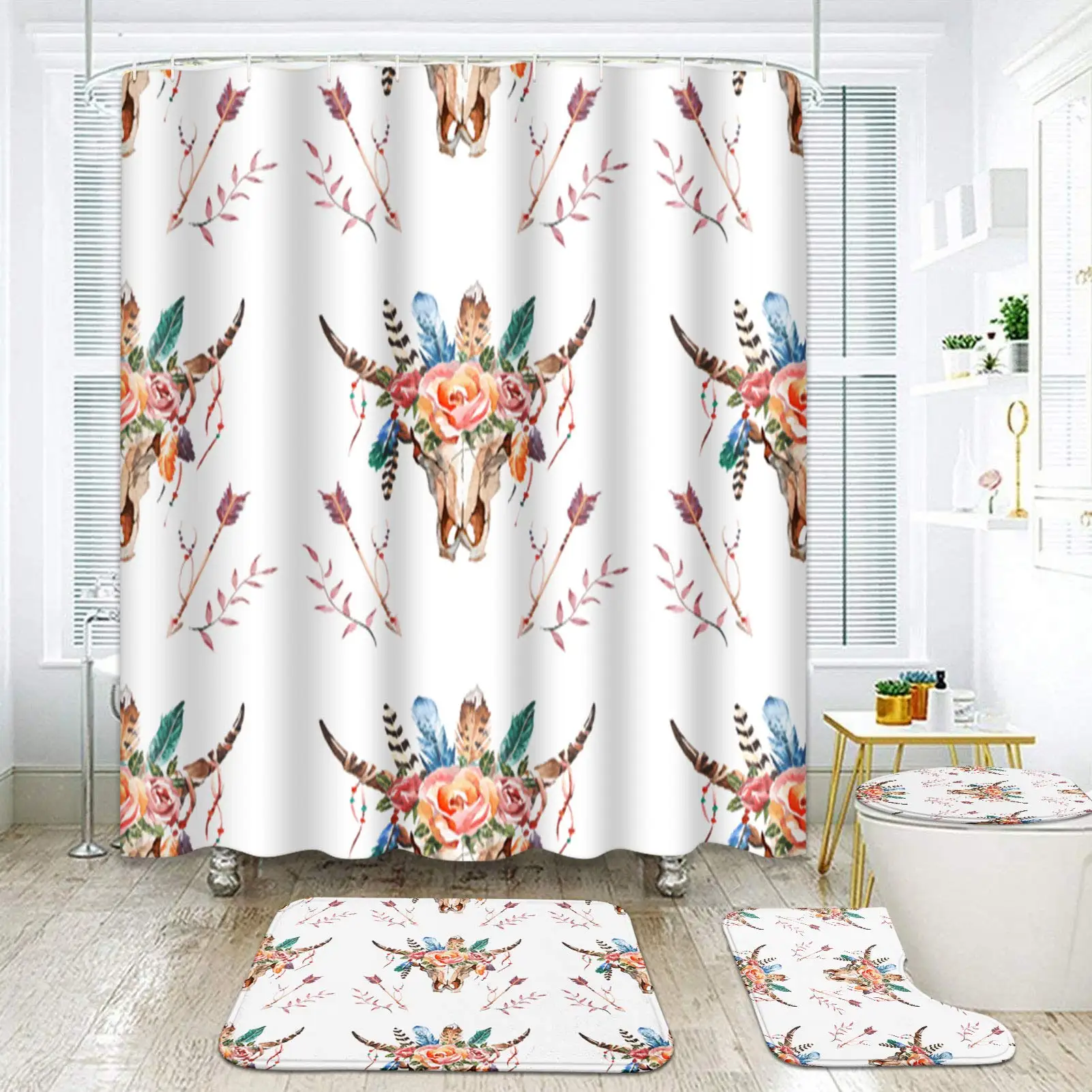 Shower Curtain Set Goth Skull Geometry Shapes Satan Skeleton Retro Non-Slip Rugs Toilet Lid Cover Bath Mat Bathroom Decor Sets