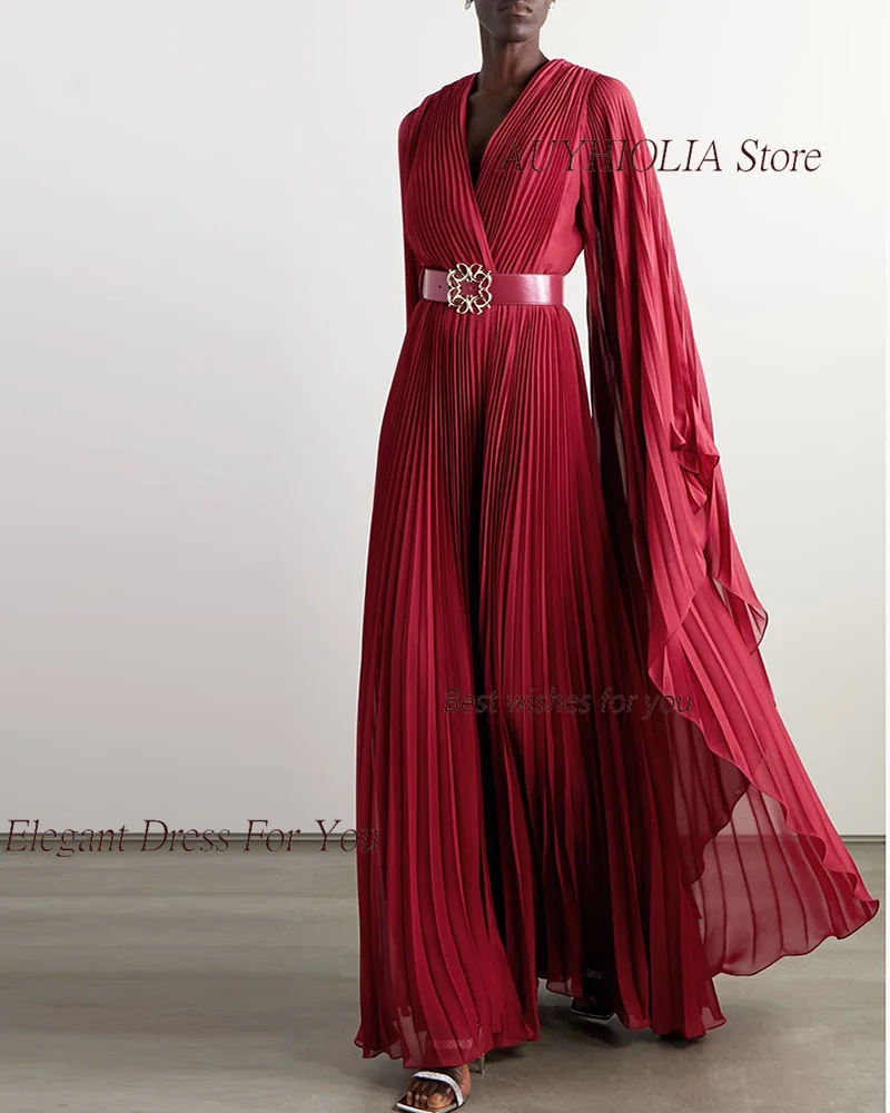 Chiffon Evening Dress For Sexy Women 정장원피스 Vestidos de festa Fashion Pleat Bat Sleeve A-Line Beauty V-Neck Cocktail Prom Gown