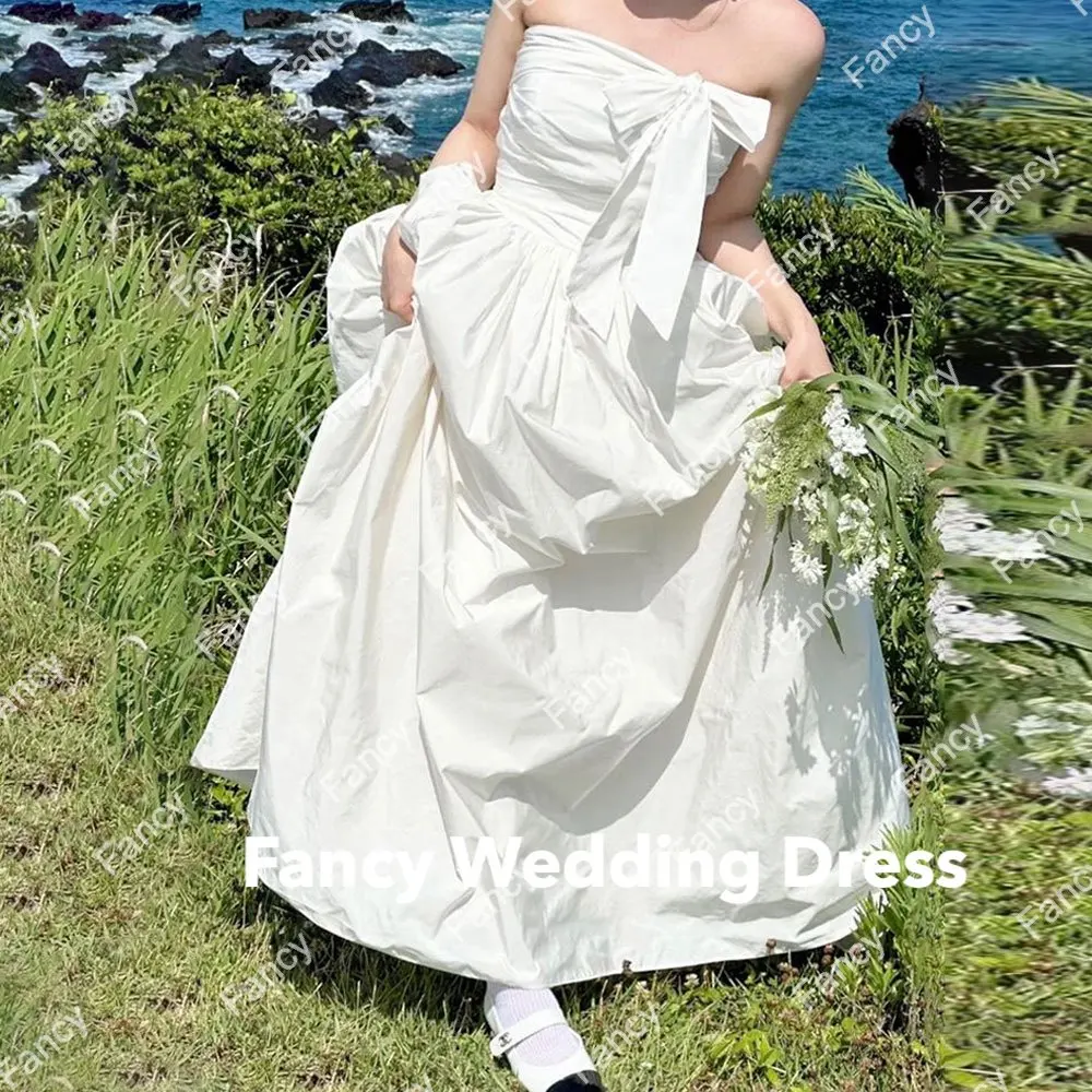 

Fancy Simple Bow Strapless Korea Wedding Dress Photography A Line Taffeta Bridal Gown Back Corset And Zip customized