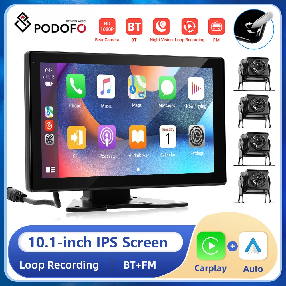 Podofo 10.1inch Car Backup Monitor with 4 Camera Supports Carplay Android auto Online Video Car Video Recorder Cam Monitor