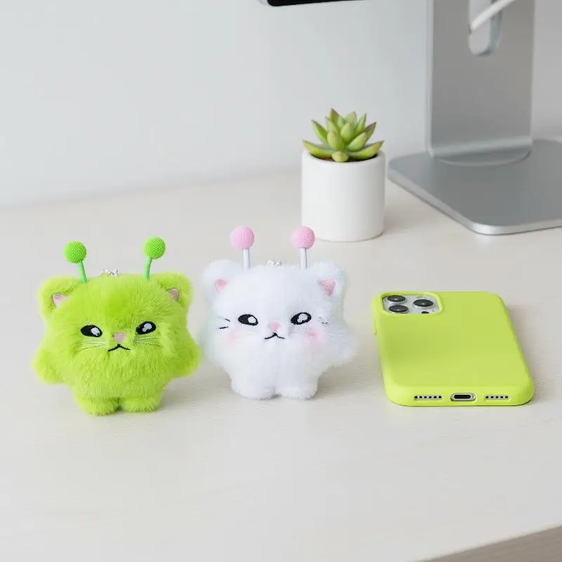 Fluffy Alien Cat Doll Plush Keychain Adorable Antenna Soft Furry Backpack Pendant Ornament Gift For Kids Girls
