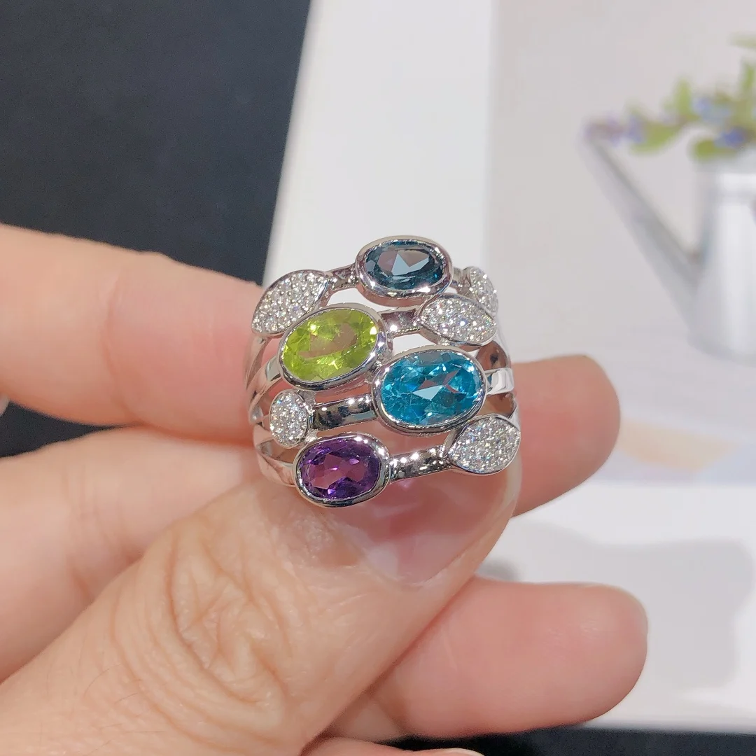 

Natural Blue Topaz Peridot Amethyst Solid Silver Rings 4.2 Carats Genuine Multicolor Gemstone Women Romantic Style Fine