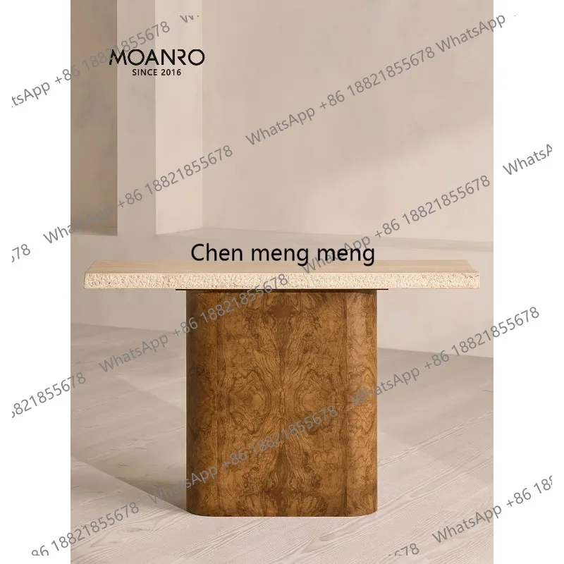 

Medieval travertine entrance platform is opposite the door, narrow entrance table, minimalist advanced wall tree tumor bark