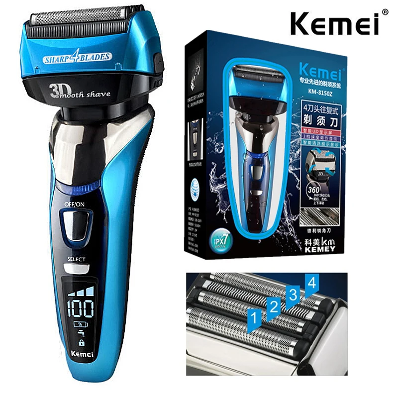 

Kemei 8150 Wet Dry 3 Speed Rechargeable Electric Shaver For Men Beard Electric Razor Facial Shaving Machine 4-Blade System