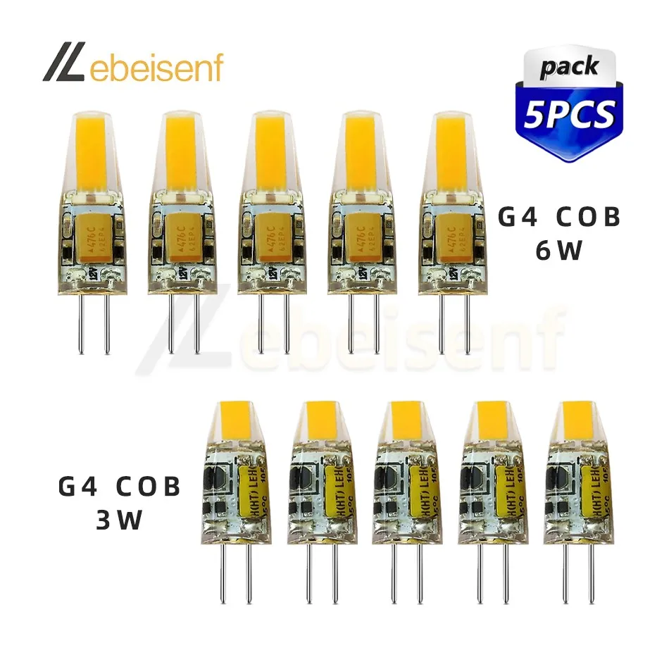 

5PCS COB Bulb Chandelier Wick G4 LED Light Source Dimmable AD DC 12V Mini Dual Pin Bulb 3W 6W Energy Saving Silicone corn Lamp