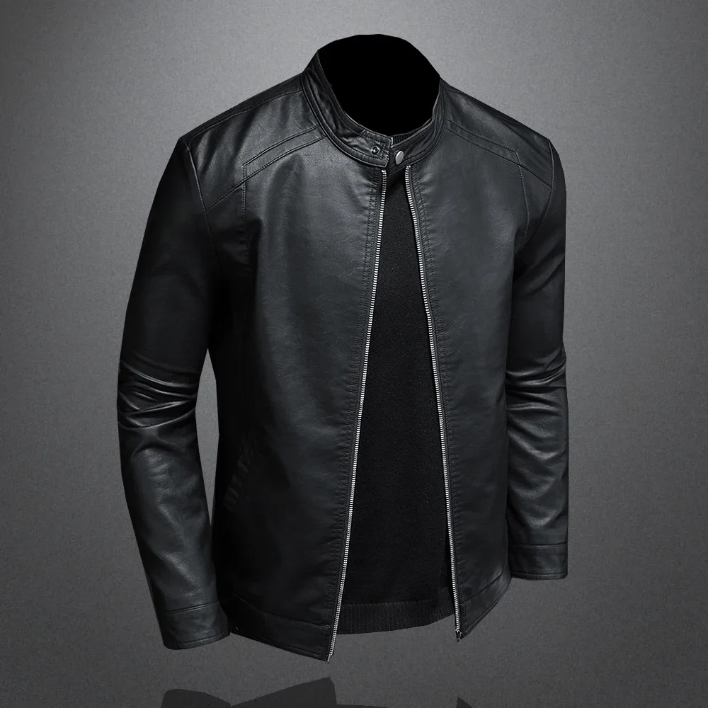 Fashion Slim-Fit Motorcycle Leather Jacket Men\'s Vertical Collar Puleather Jacket Motorcycle Motorcycle Suede Jacket