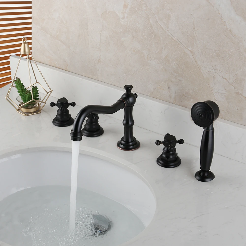 KEMAIDI Solid Brass Bathroom 5 Pcs Bathtub Shower Faucet  Set Deck Mounted 2 Handles ORB Black Bathtub Basin Mixer Faucets