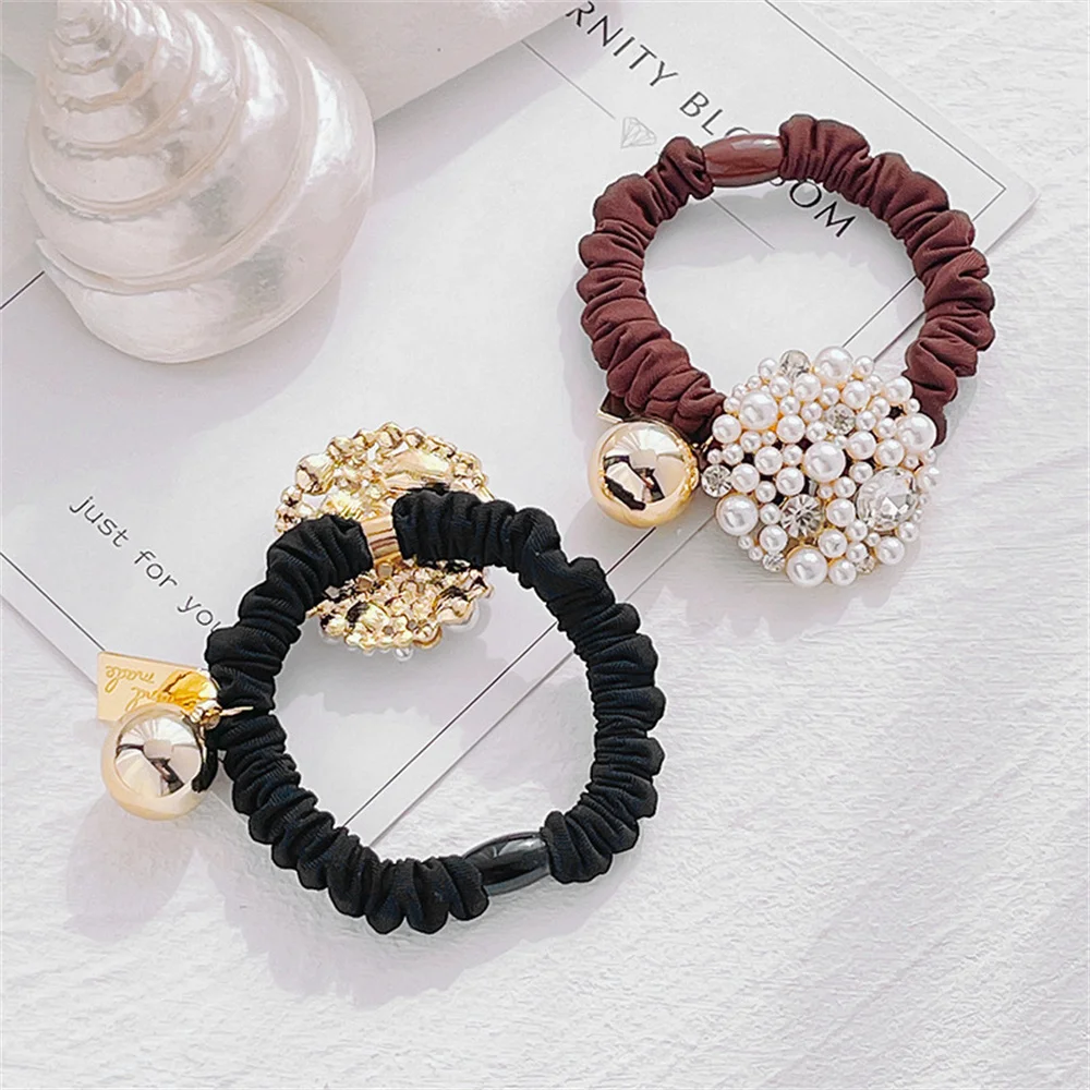 Fashion Pearl Crystal Hair Rope Luxury Rhinestone Bowknot Elastic Hair Band for Women Girls High Ponytail Headband Accessories