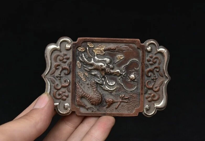 

3.6" Old Chinese Bronze Silver Dynasty Dragon Beast Belt buckle Statue Sculpture