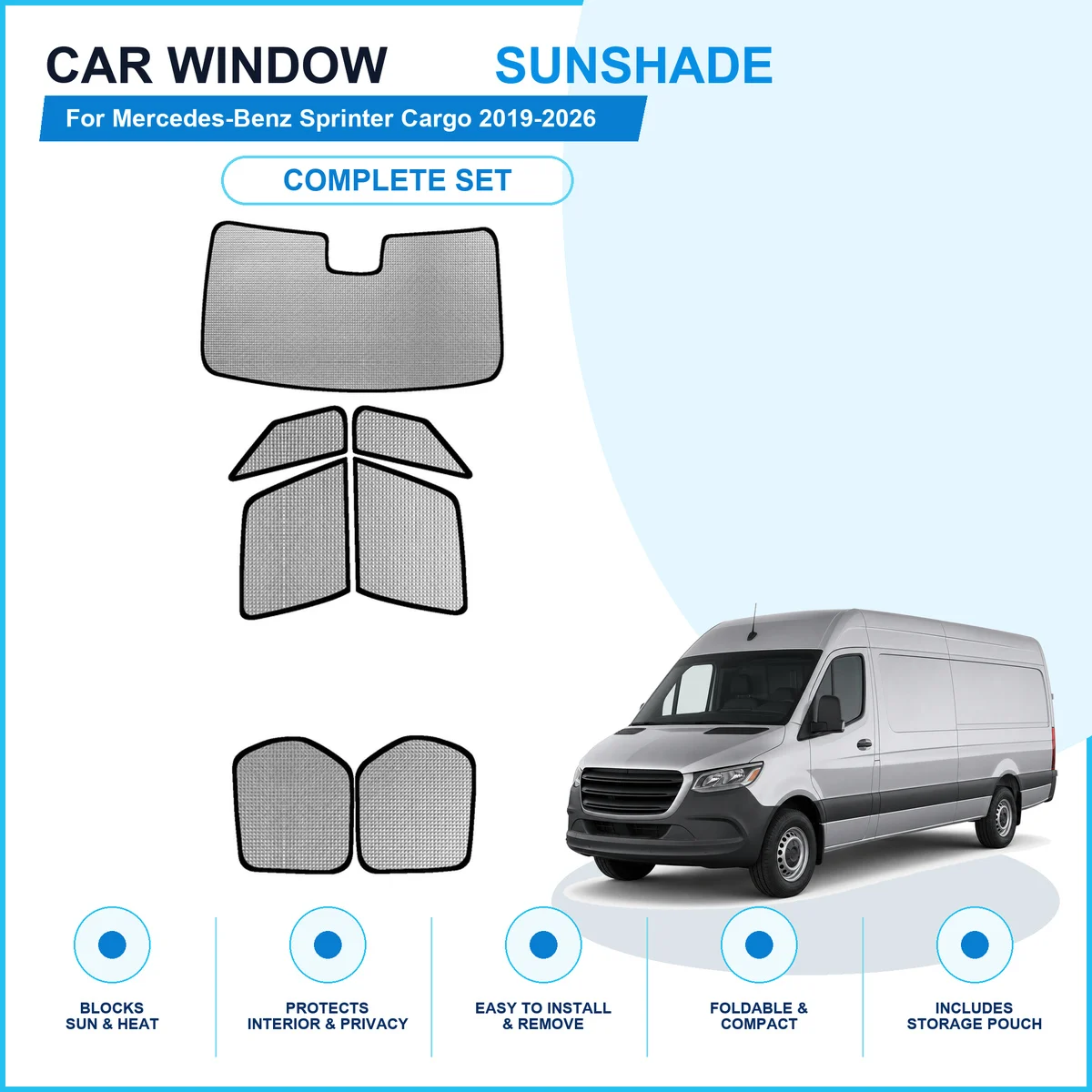 For Mercedes-Benz Sprinter Cargo 2019-2026 Custom Full Set Window Sunshades Aluminum Foil Suction Cup Anti UV Privacy