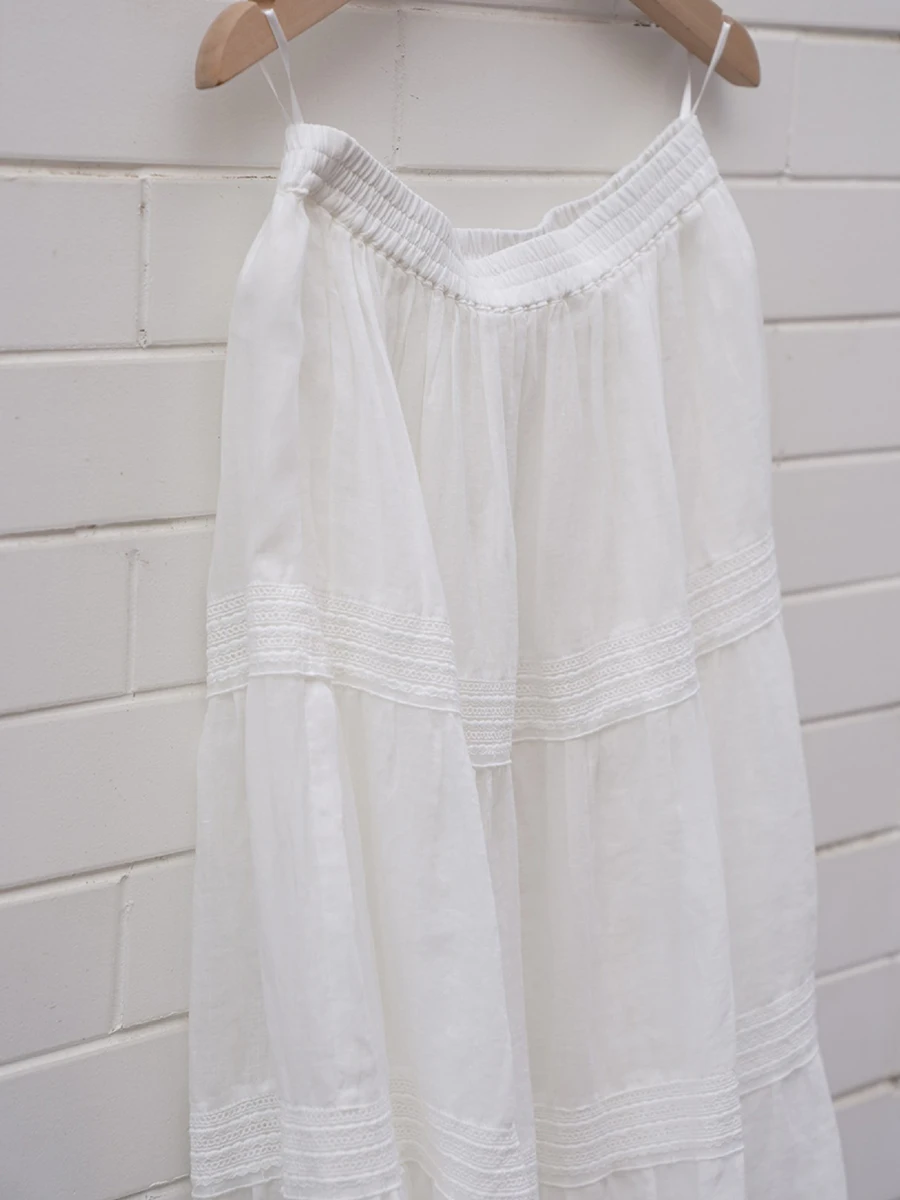 ลูกไม้สีขาว Trim กระโปรงยาวผู้หญิงฤดูร้อน Elastic เอว A-Line Faldas ด้านล่างเกาหลีแฟชั่น Casual Midi กระโปรงใหม่ Jupe