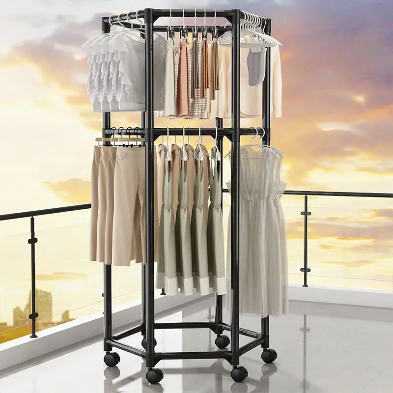 

Simple assembly 360 mobile multi-functional bedroom drying hanger clothes floor storage coat rack dormitory home