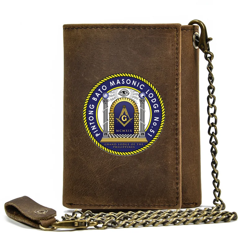 

Luxury Men Genuine Leather Wallet With Iron Chain Pintong Bato Masonic Lodge Printing Card Holder Anti Theft Short Purse BT3498