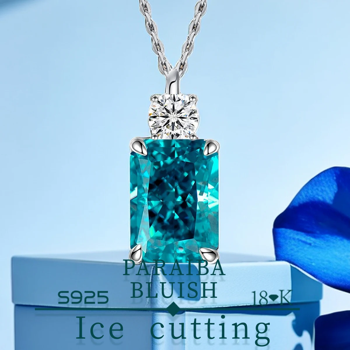 S925 sterling silver Rectangular Ice Cut zircon High-carbon diamond Paraiba ink blue necklace,pendant necklace for women jewelry