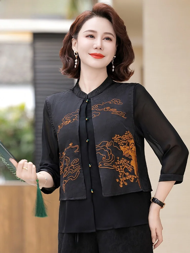

New Chinese Style Mom Spring Fashion Set 2025 New Summer Chiffon Women's Top Bottom Two-Piece Set Loose Fit Nine-Piece Pants