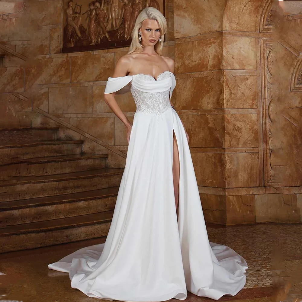 

Elegant Off The Shoulder Sweethart Lace Applique Satin A Line Wedding Dresses Side Slit Custom Made 2025 Rode De Morrie