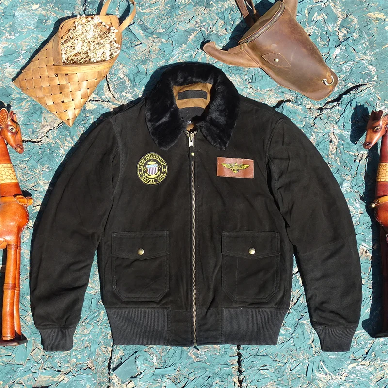 

Мужской джерт из натуральной хлопковой подкладки из овчины, мужской летный костюм с шерстяным воротником, винтажный матовый Fini, молодежный зимний деловой костюм