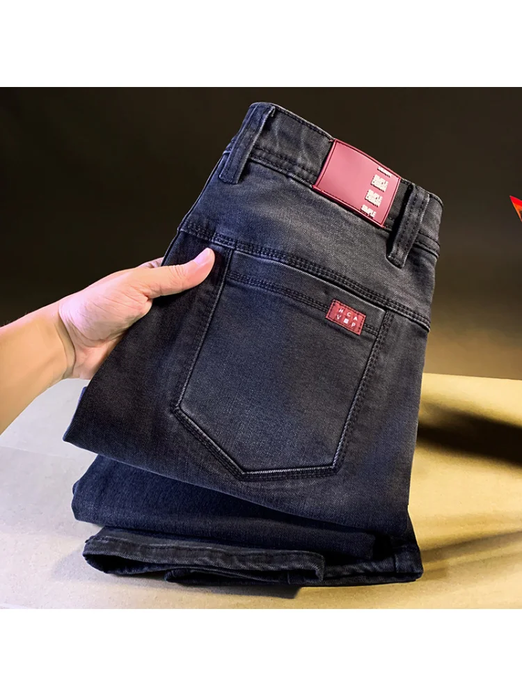 Zwartgrijze herenjeans herfst high-end gewassen rechte pijpen casual Koreaanse versie elastische kleine herenbroek met rechte pijpen