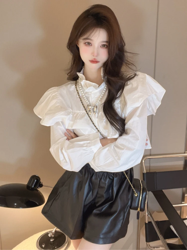 Shirts Women Ruffles Design Simpel Pure Sweet Elegant Retro Fashion Korean Style Daily Spring Casual Ladies All-match Creativity