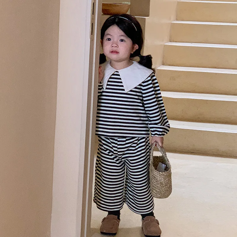 Girls Striped Sets Baby Fashion Casual Thin Section Suit Spring Autumn New Children Lapel Top Pants Two-Piece Set 2-8 Years Old