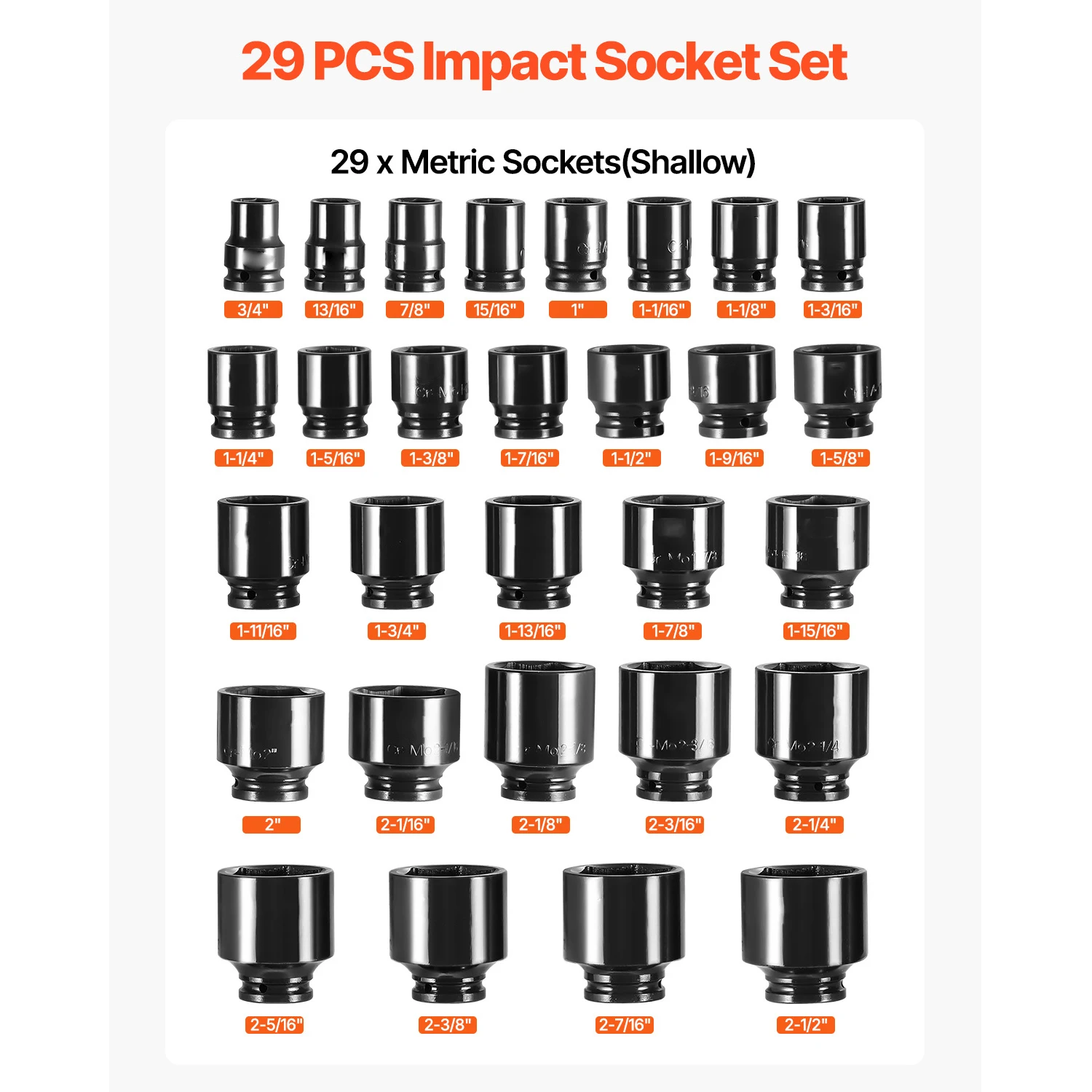 SucceBuy Impact Socket Set 3/4 Inches 29 Piece Impact Sockets 6-Point Sockets Rugged Construction CR-M0 3/4In Drive Socket Set