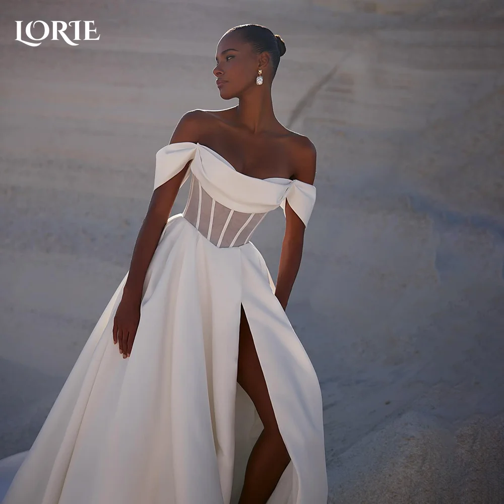 

LORIE Luxury Solid Wedding Dresses Strapelss Side Slit A-Line Customized Bridal Dresses Shiny Off Shoulder Pleated Bride Gowns