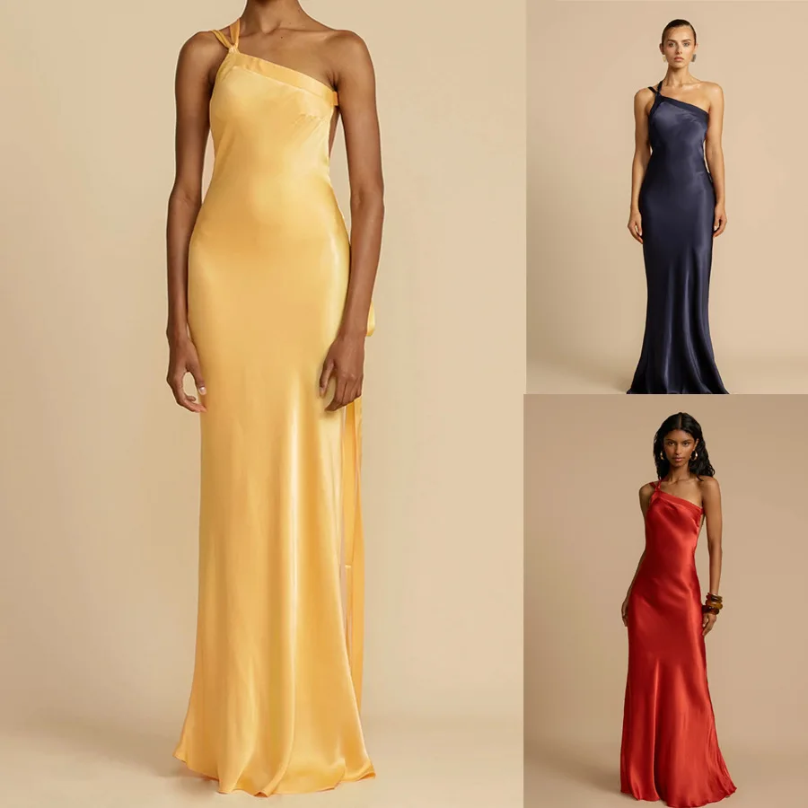 

Chic Backless One Shoulder Sling Dress Women's Slanted Collar Sleeveless Lace Up Maxi Dresses 2026 New Lady Evening Party Gown