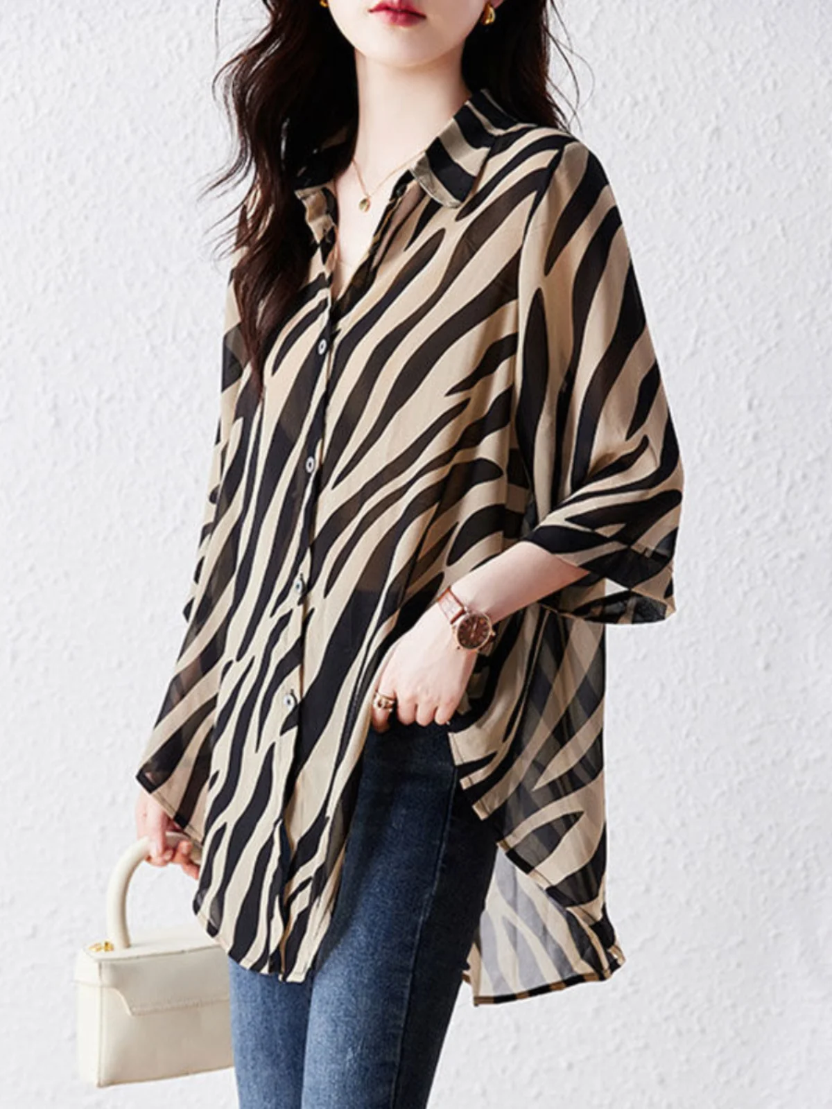 plus maat gestreepte zonbescherming chiffon irt damesblouse met zebraprint, losse kraag, midi-lengte polyestervezel
